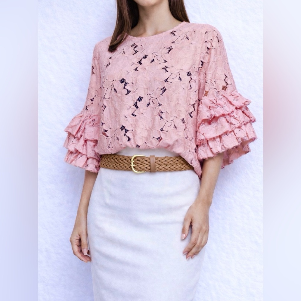 INA Puff Tiered Sleeve Cotton Blend Pink Lace top size Large